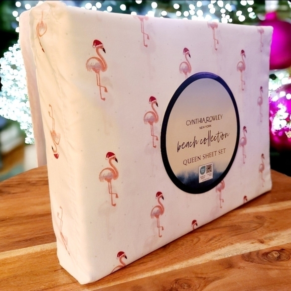 4pc Cynthia Rowley Coastal Christmas Pink Flamingo Santa Hat QUEEN Bed Set NEW - Picture 1 of 4
